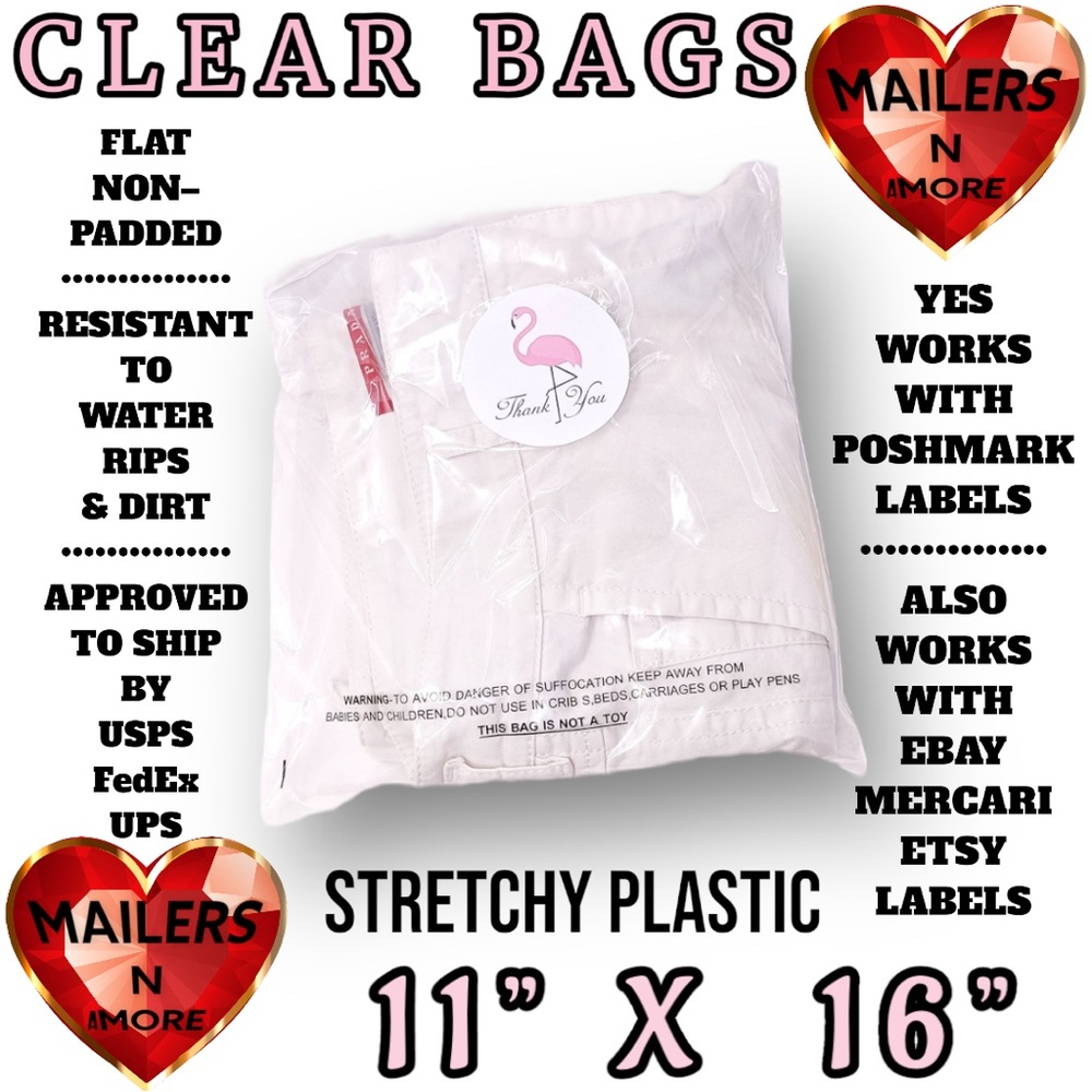( Quantity 100 ) 11” X 16” Clear Inventory Bags, Suffocation, Stretchy Plastic